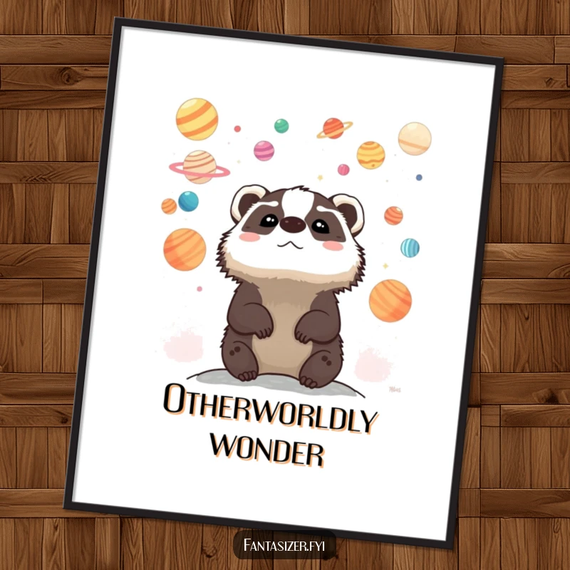 Funny digital art print of a whimsical badger gazing up at a vibrant sky filled with colorful planets, evoking wonder and humor.