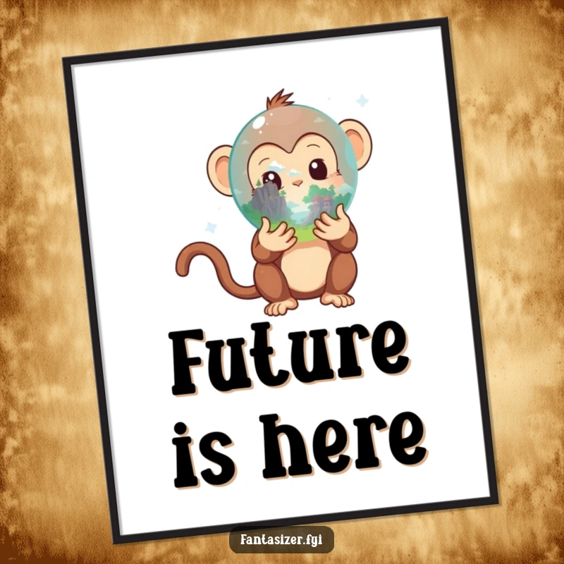 Funny Monkey Digital Art: Monkey with crystal ball showing fantasy landscape, instantly downloadable art for humorous and mystical wall decor.