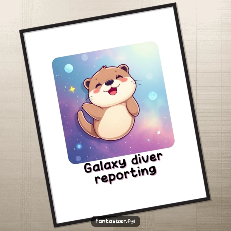 Funny Otter Digital Art Print: A joyful otter swims through a vibrant galaxy, offering instant wall decor with a sense of cosmic adventure.