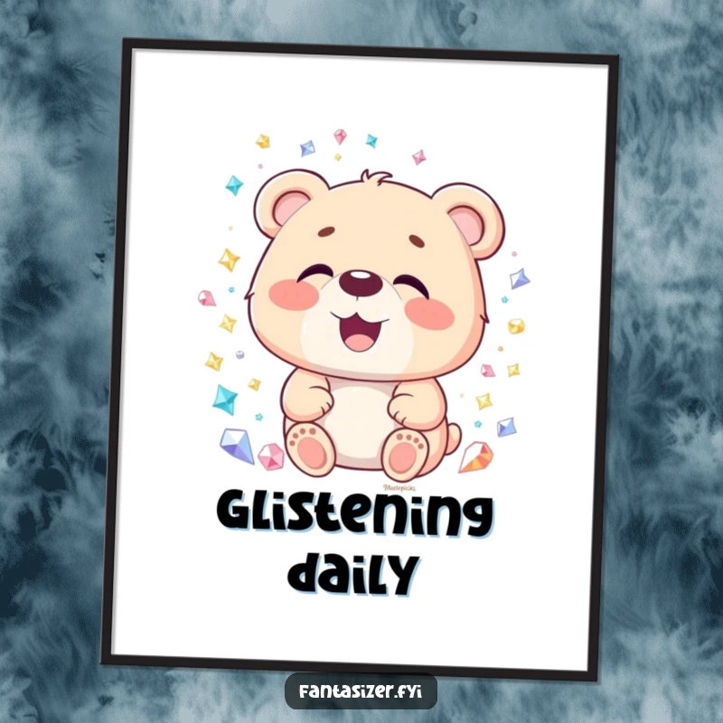 Funny Bear Gemstone Digital Art: A delighted bear with open mouth marvels at a world of sparkling gemstones, printable funny gift.