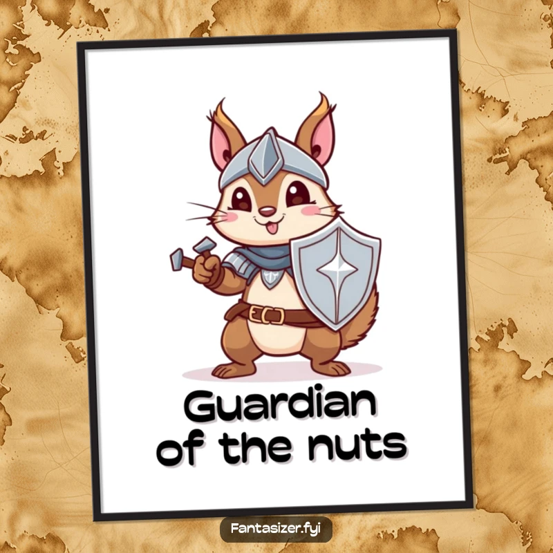 Funny digital art print of a squirrel in knightly armor, sword in hand, ready for adventure and humor.