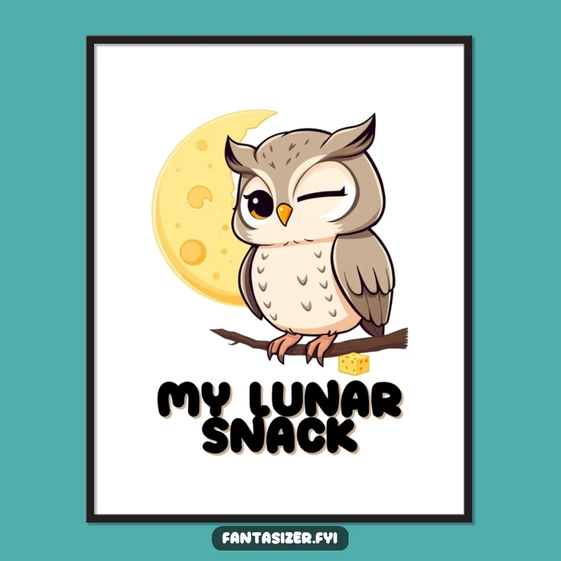 Funny Winking Owl Cheese Moon Digital Art: Quirky Printable Gift