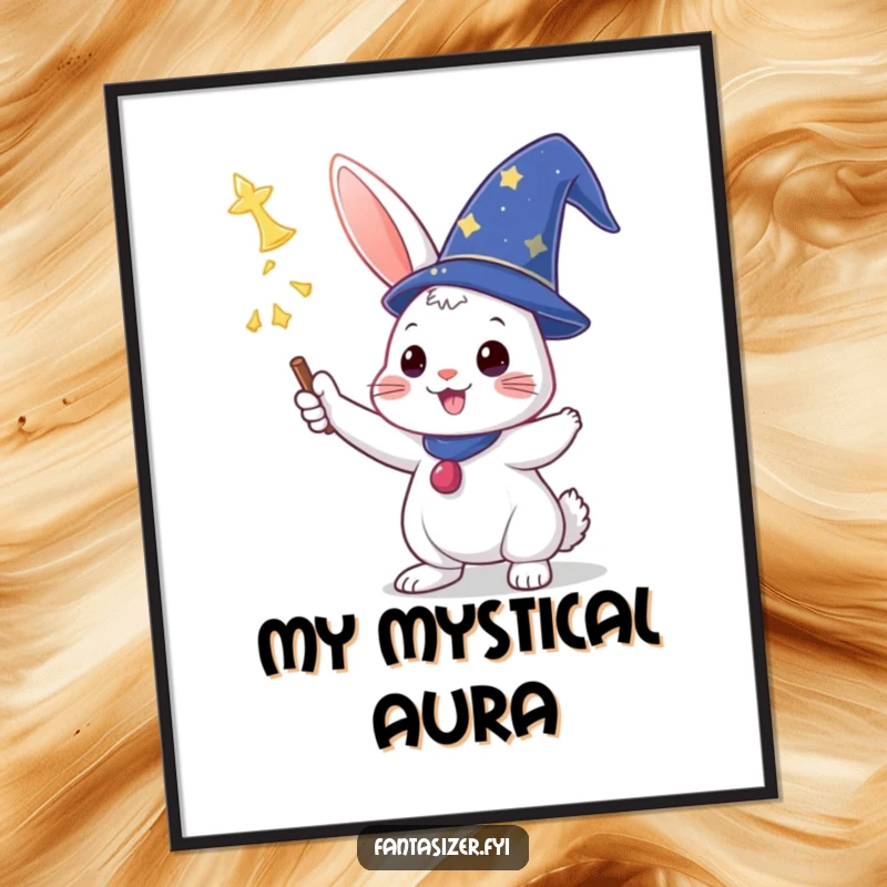 Funny digital art of a triumphant rabbit in a wizard hat casting a spell, for instant magical decor.