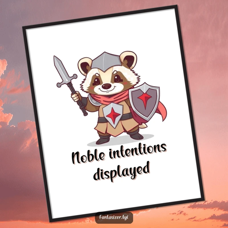 Funny digital art print of a determined badger knight, ready to bring epic fantasy humor and bravery to any wall.