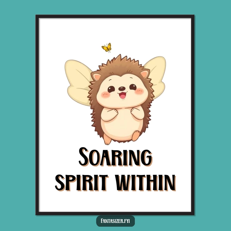Funny Hedgehog Wings Digital Art: Delighted Dreamer, Butterfly Fantasy Print