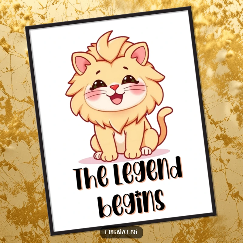 Funny digital art print of a cat envisioning itself as a powerful lion, bringing a sense of majestic humor and aspiration to any digital display.