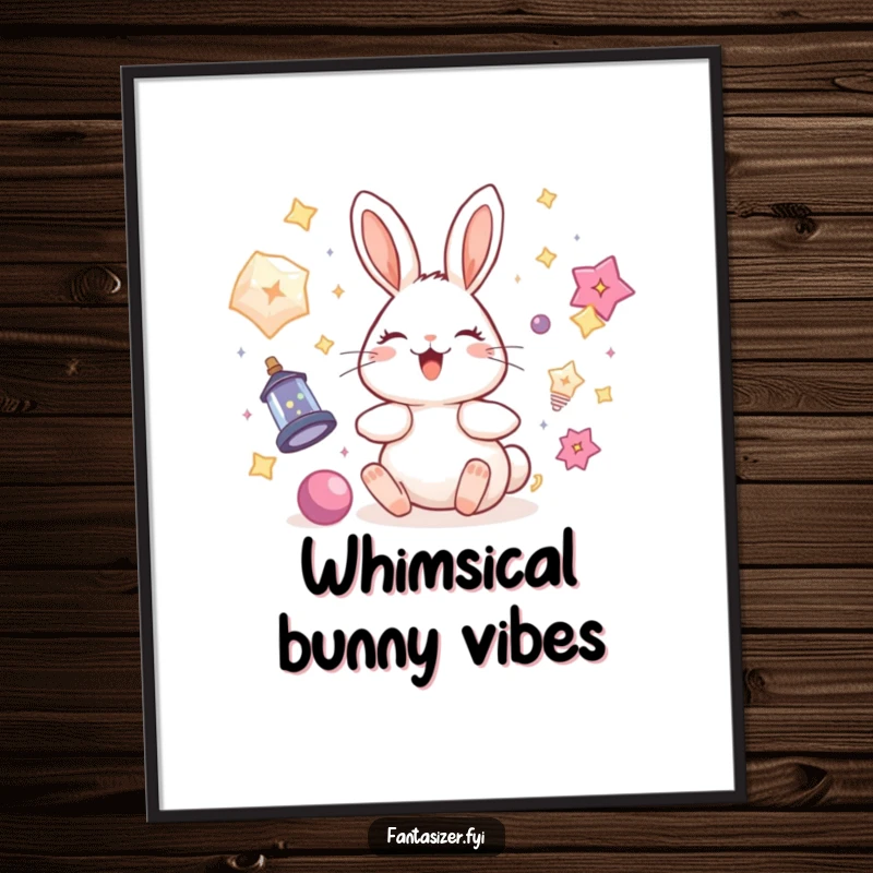 Funny rabbit digital art print of a delighted bunny surrounded by floating magical objects, bringing whimsical enchantment to wall decor.