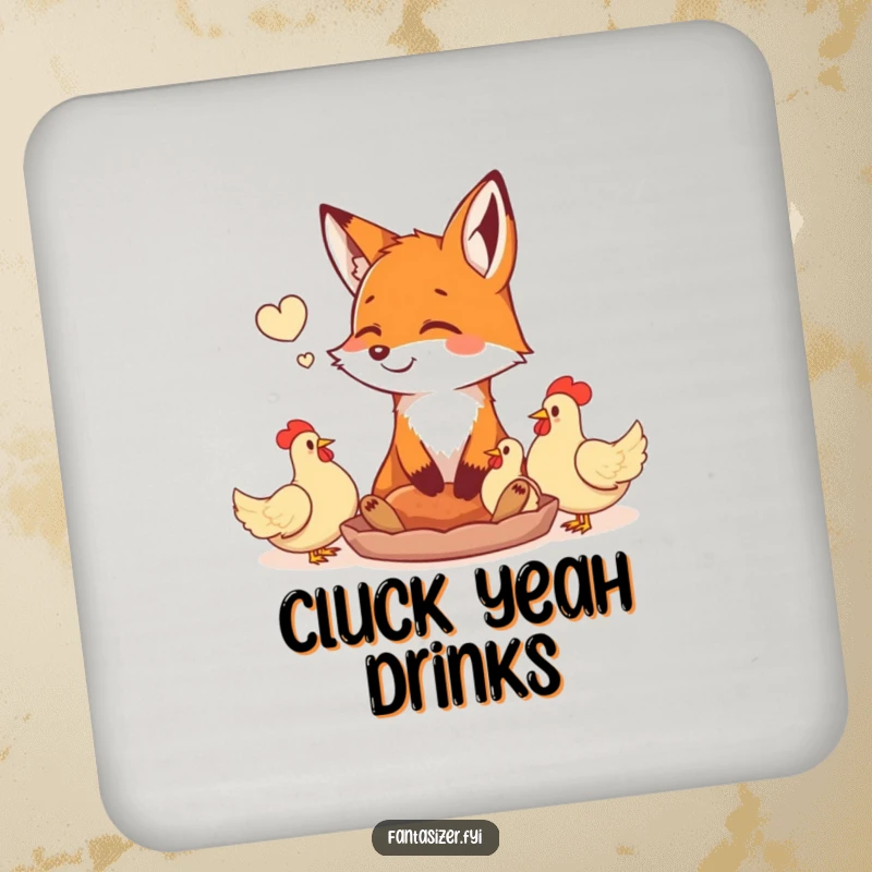 Funny happy fox daydreaming of a feast of plump chickens, printed on protective drink coasters. A humorous and appetite-whetting accessory for any home.