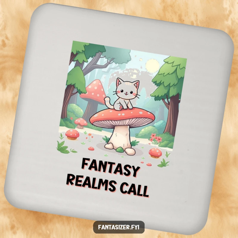 Funny coasters featuring a playful cat riding a giant mushroom through a fantasy forest, protecting tables with whimsical magic.