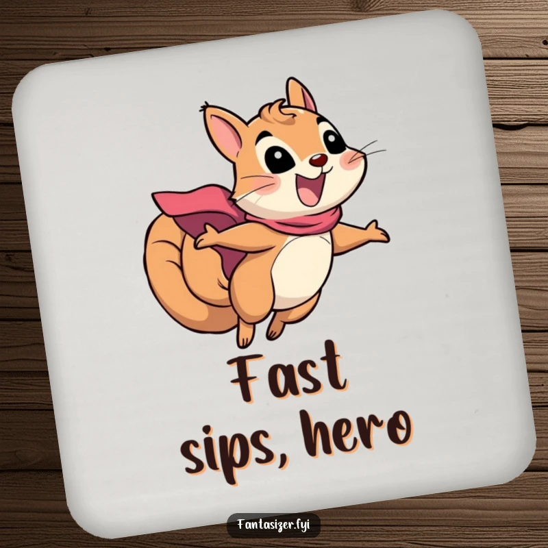 Funny squirrel superhero coaster featuring an excited squirrel in a cape soaring, providing surface protection with heroic flair.
