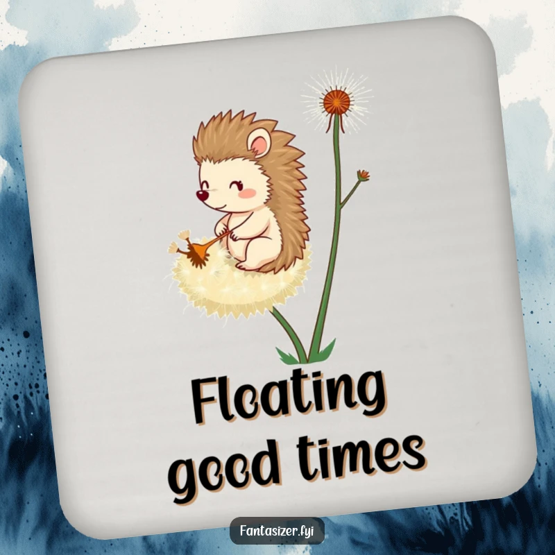 Funny drink coaster featuring a whimsical hedgehog riding a dandelion seed, adding playful decor and surface protection.