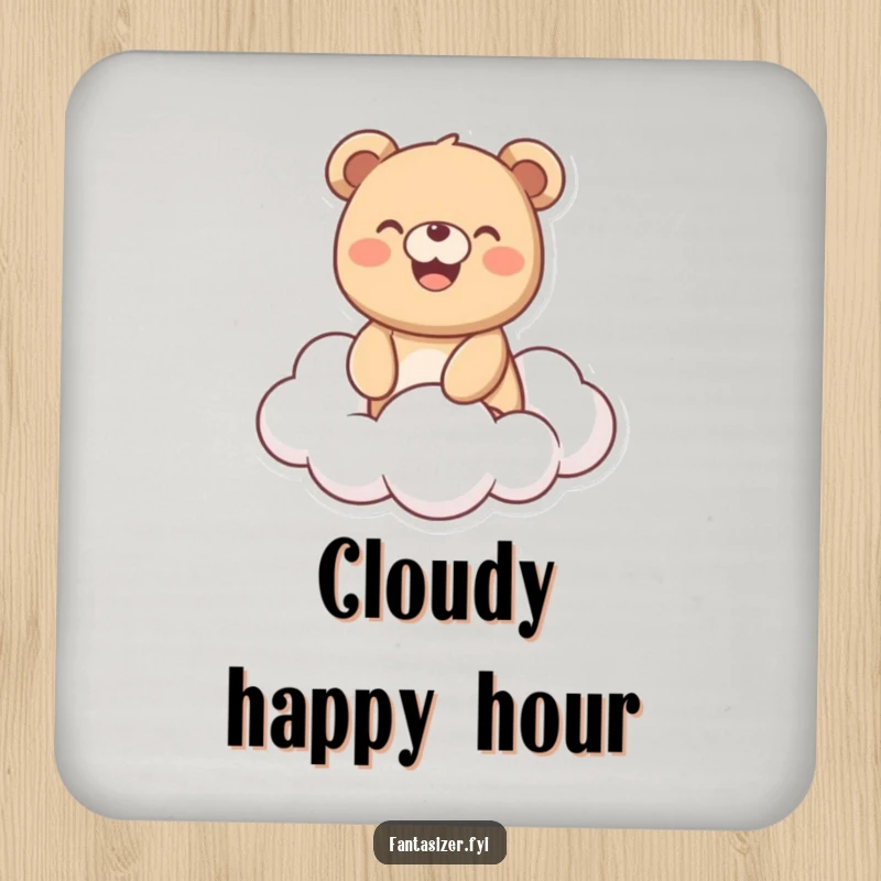Funny Bear Coaster: Joyful bear with a big smile riding a fluffy cloud, a humorous and protective addition to any surface.