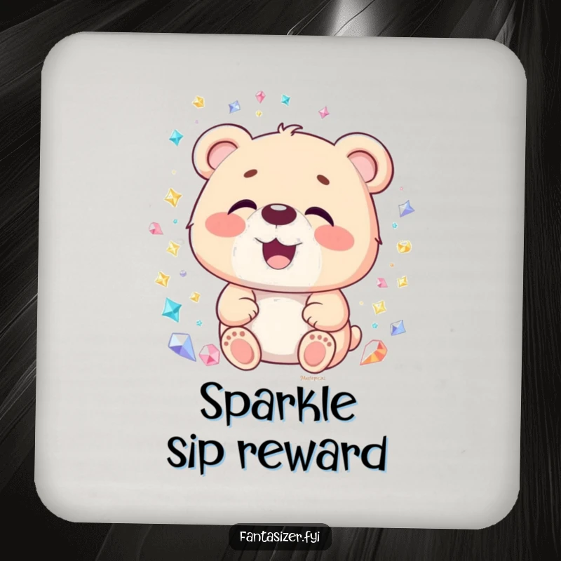 Funny Bear Gemstone Drink Coasters: A delighted bear gazes at a world of sparkling gems, adding humorous protection, a funny gift.