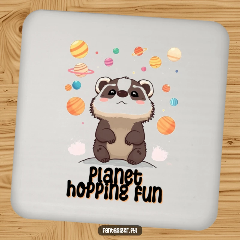 Funny coasters with a whimsical badger looking at colorful planets, protecting tables with celestial charm and humor.