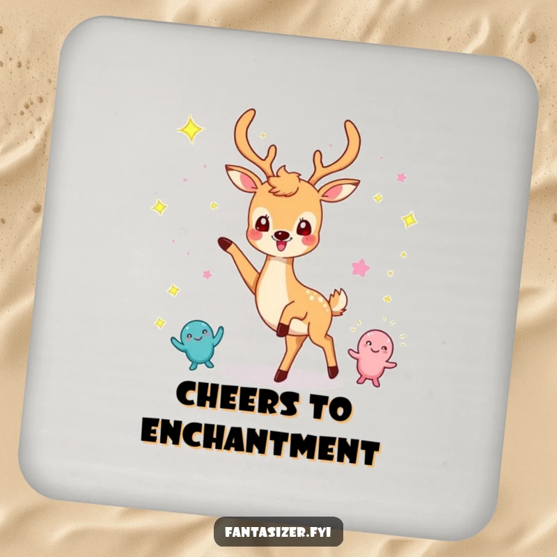 Funny drink coaster with a cheerful deer dancing with imaginary sparkling creatures, protecting surfaces with fun.