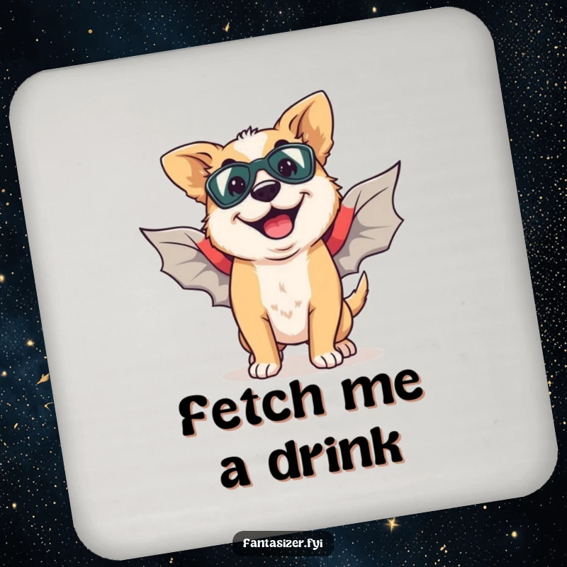 Funny coasters featuring a happy dog with a goofy grin, imagining flying with superhero wings.