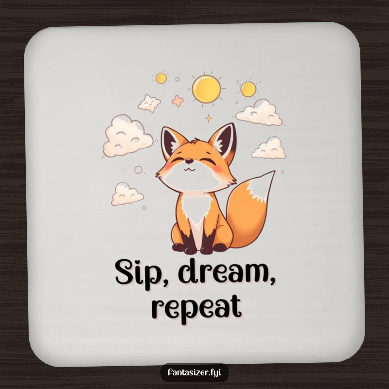 Funny coasters featuring a joyful fox gazing at clouds, imagining fantastical shapes, adding dreamy charm to tabletops.