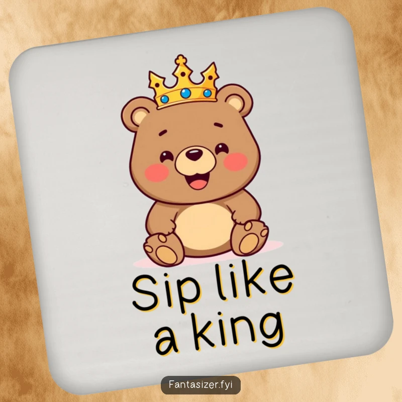 Funny drink coaster set featuring a crowned bear ruling a toy kingdom, adding a humorous and protective touch to tables.