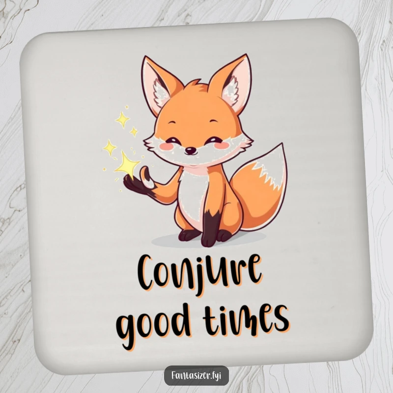 Funny coasters featuring a creative fox conjuring sparkling magical effects from its paws, protecting surfaces with enchantment.