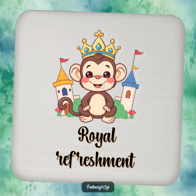 Funny Monkey Coasters: A crowned monkey joyfully rules a whimsical kingdom, protecting surfaces with regal charm.