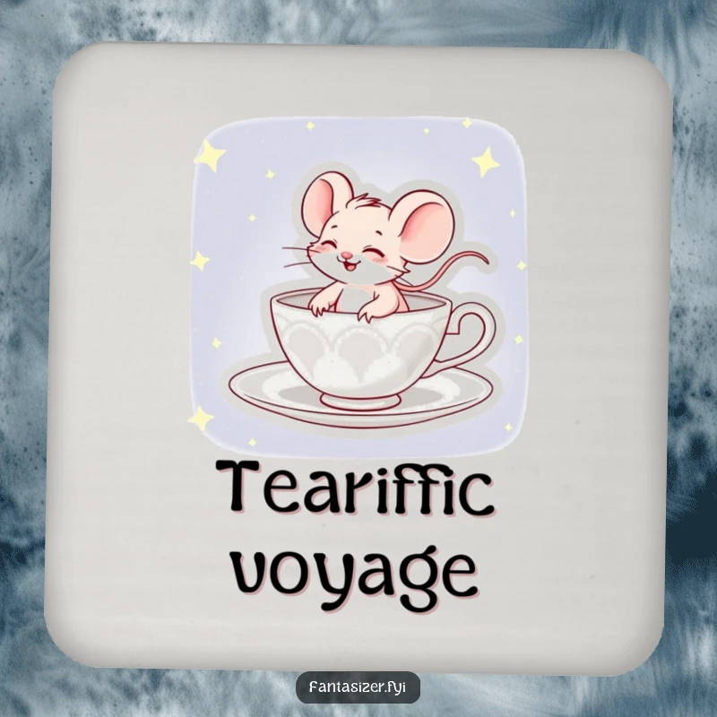 Funny coasters featuring a giggling mouse comically piloting a teacup through a starry sky, protecting surfaces.