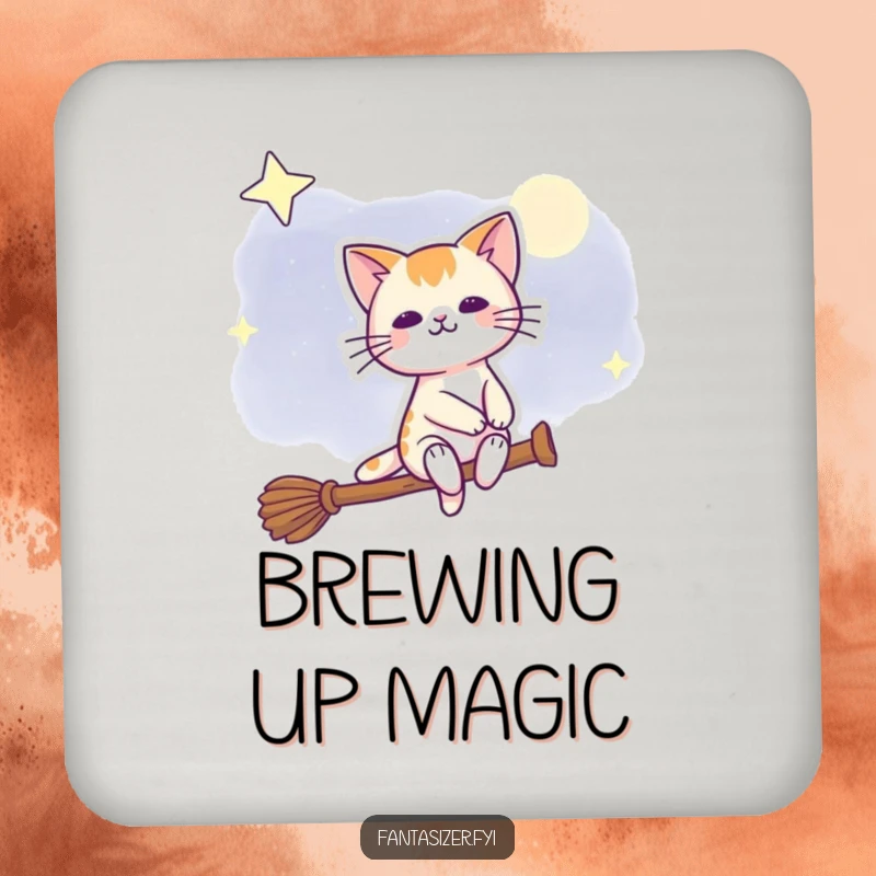 Funny drink coaster set featuring a cat riding a broomstick through the night sky, adding magical humor.
