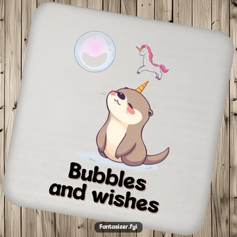 Funny coasters featuring a happy otter gazing at a soap bubble unicorn, protecting surfaces with whimsical charm and delightful art.