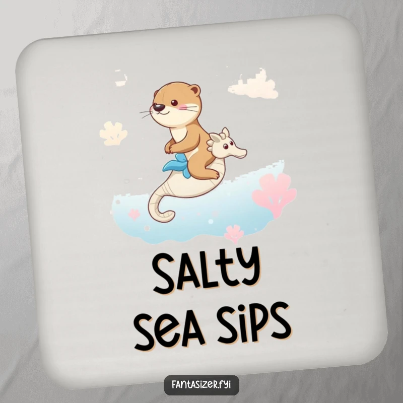 Funny coaster showcasing a playful otter riding a seahorse in a dreamlike ocean, protecting surfaces with style.