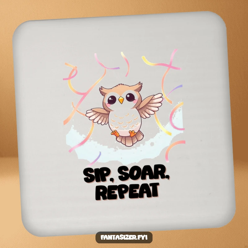 Funny Owl Ribbon Drink Coasters: A cheerful owl flies through vibrant ribbons, offering humorous protection, a funny gift.