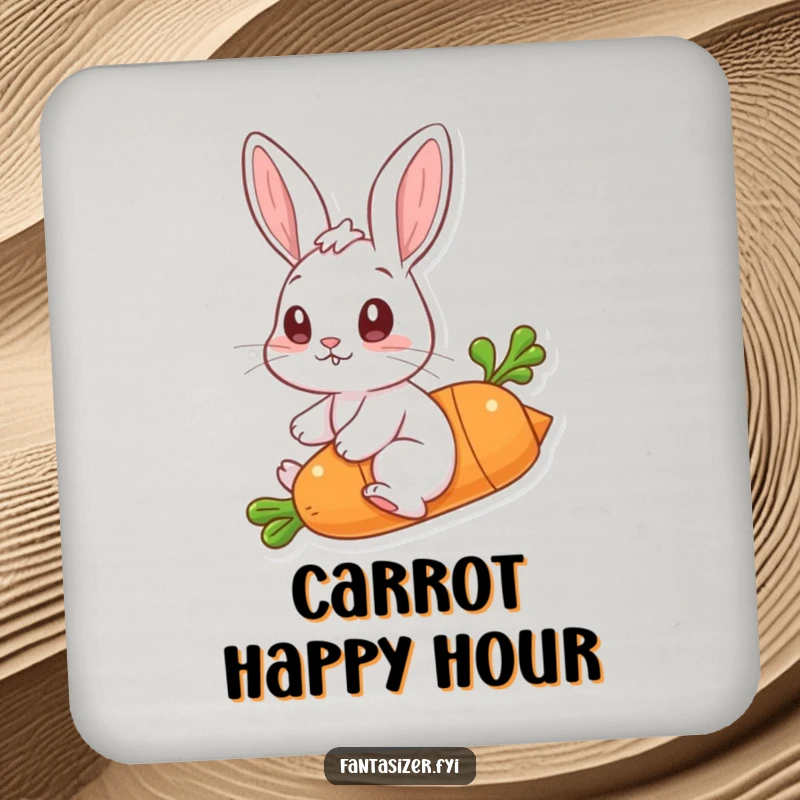Funny coasters featuring a rabbit riding a flying carrot, protecting surfaces with playful charm and whimsical art.