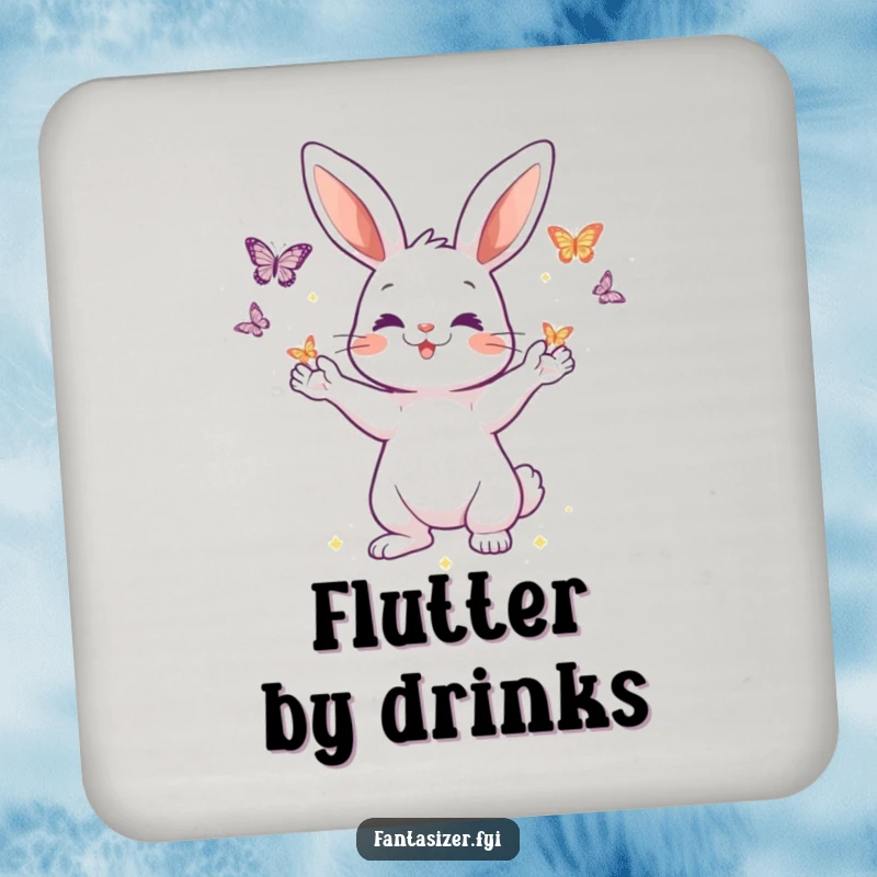 Funny drink coasters featuring a playful rabbit character conjuring shimmering butterflies from its paws, protecting surfaces with whimsical charm.