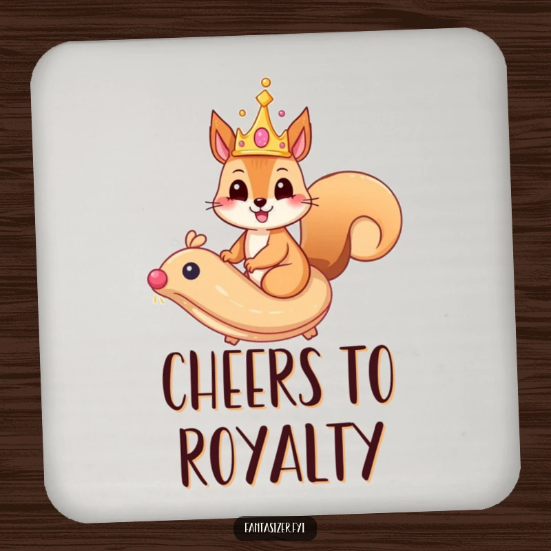 Funny squirrel coasters with a whimsical crown riding a majestic, flying pastry, protecting surfaces with regal charm.