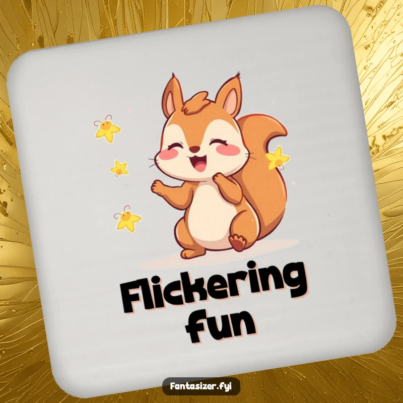 Funny squirrel coasters depicting a gleeful squirrel playing with fireflies, adding whimsical, humorous protection to tables.