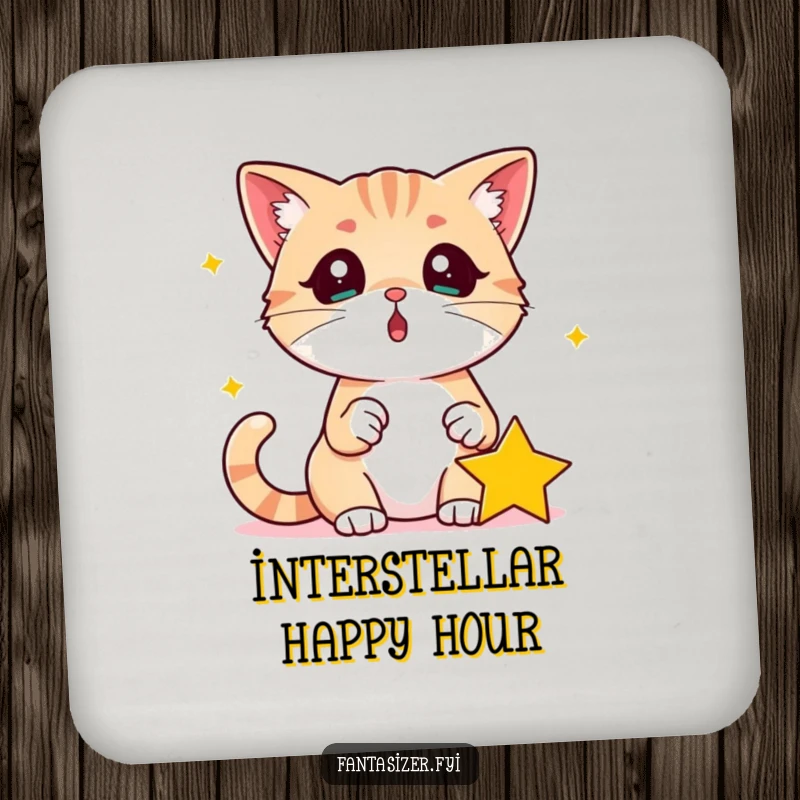 Funny Surprised Cat Coaster: Surprised cat looks at a fallen star in its paw, perfect for tables and as a funny gift.