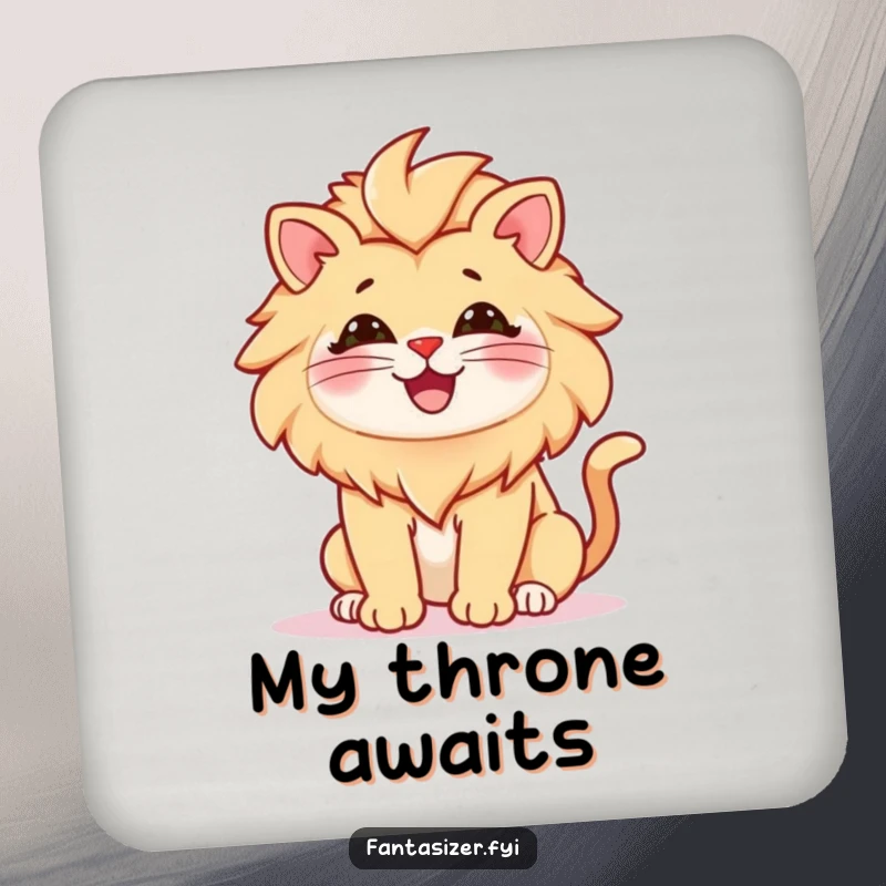 Funny drink coaster showing a cat imagining itself as a majestic lion, protecting surfaces with humorous dignity, a quirky home accessory.