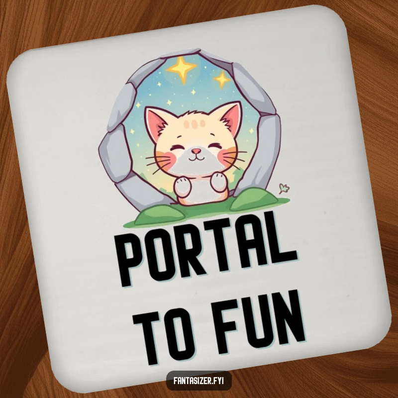 Funny cat peeking through a magical portal on a drink coaster, revealing a starry landscape. Humorous and protective.