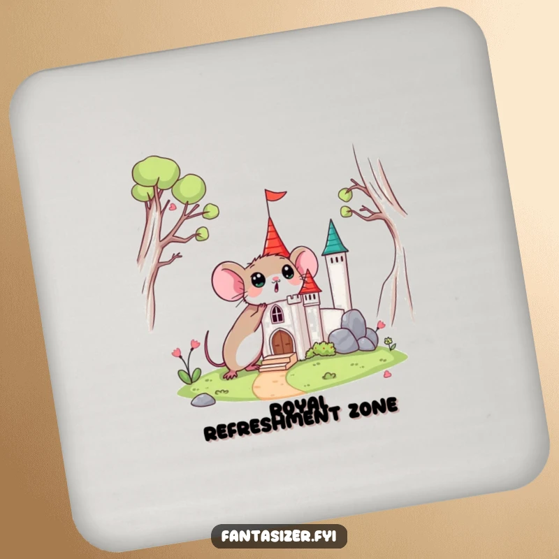 Funny drink coaster with a surprised mouse discovering a miniature castle, protecting surfaces with whimsy.
