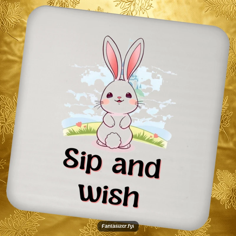 Funny happy bunny looking at a distant castle in the clouds, a protective and magical drink coaster.