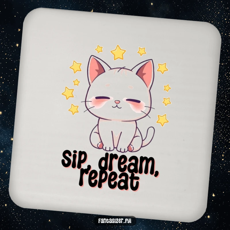 Funny Cat Coaster: A whimsical cat dreams amidst stars, providing a protective and humorous accent for drinks on any tabletop surface.