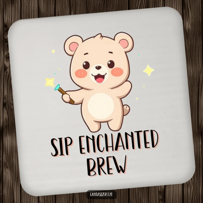 Funny coaster featuring a bear wizard holding a magic wand, conjuring dancing lights, adding a touch of magic to tabletops.