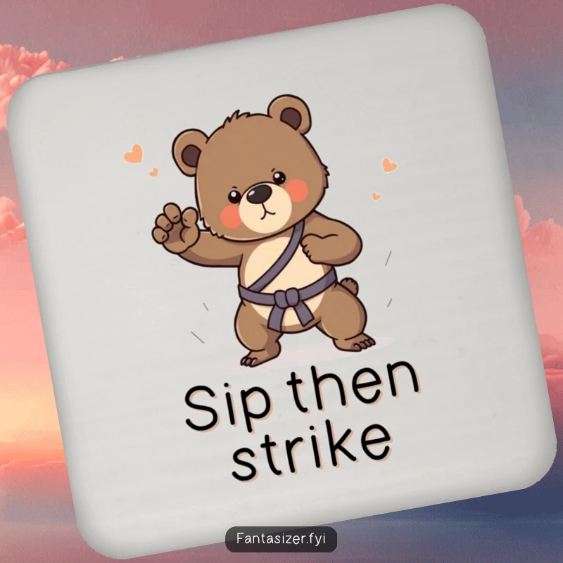 Funny coasters featuring a determined bear cub practicing martial arts in a dream, protecting surfaces with style.