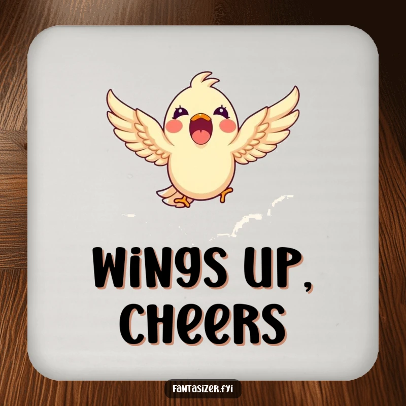 Funny drink coaster with a happy bird soaring through clouds, offering protection and a humorous visual for tabletops.