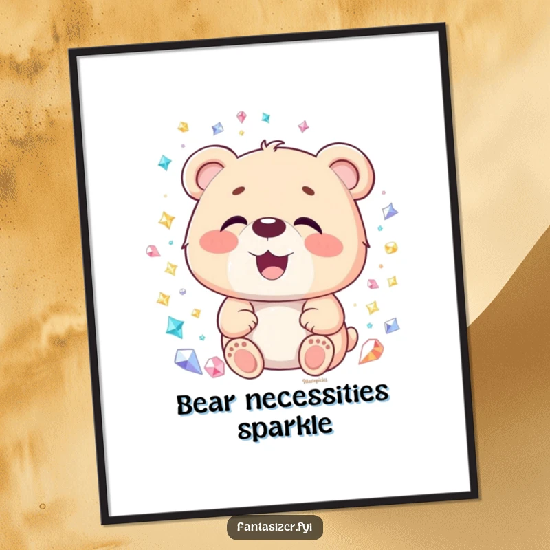 Funny Bear Gemstone Poster: A delighted bear with open mouth marvels at a world made of sparkling gemstones, a funny gift.