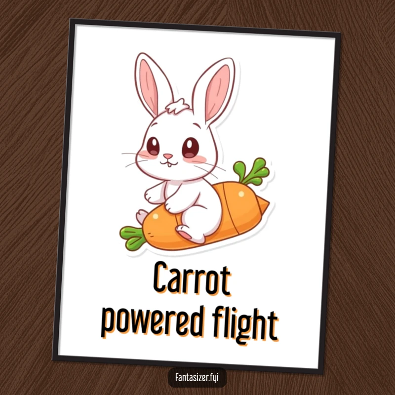 Funny poster showcasing a rabbit riding a carrot through the air, bringing whimsical energy and playful adventure to your space.