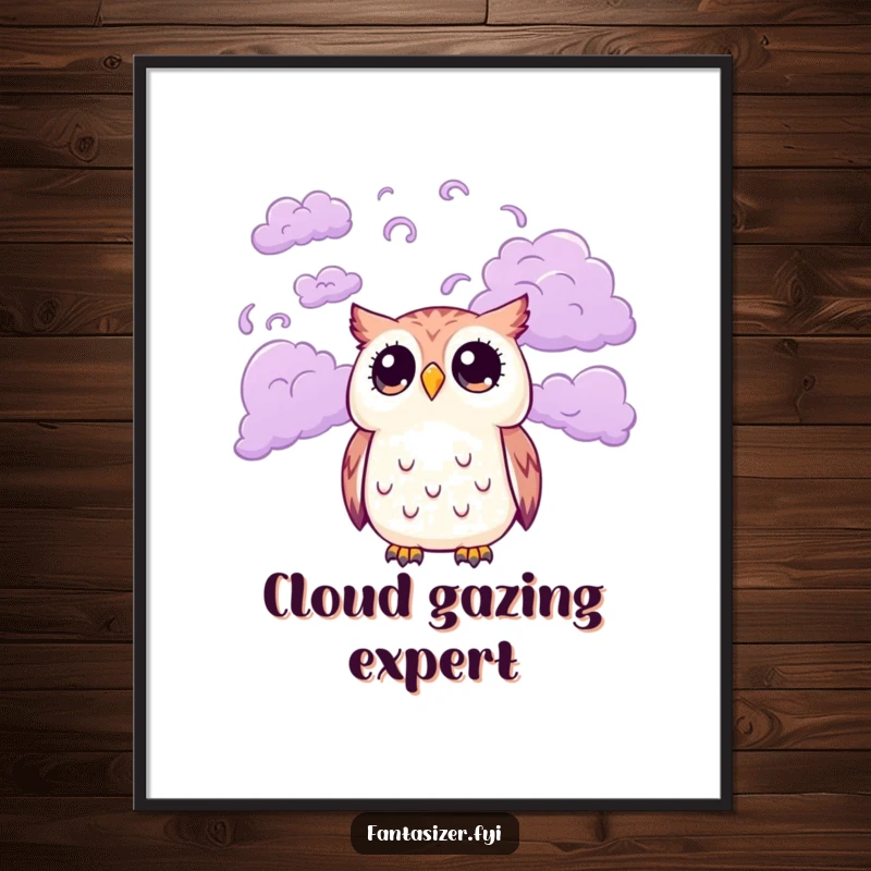 Funny poster print of a cute owl with wide eyes looking up at a mesmerizing sky filled with swirling purple clouds, creating a dreamy and amusing wall art.
