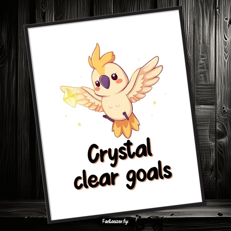 Funny spirited parrot flying towards a glowing dream crystal, depicted as a vibrant and inspirational poster for wall decor.