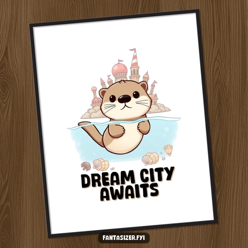 Funny Otter Explorer Poster showing a motivated otter swimming towards a shimmering city constructed entirely of seashells.