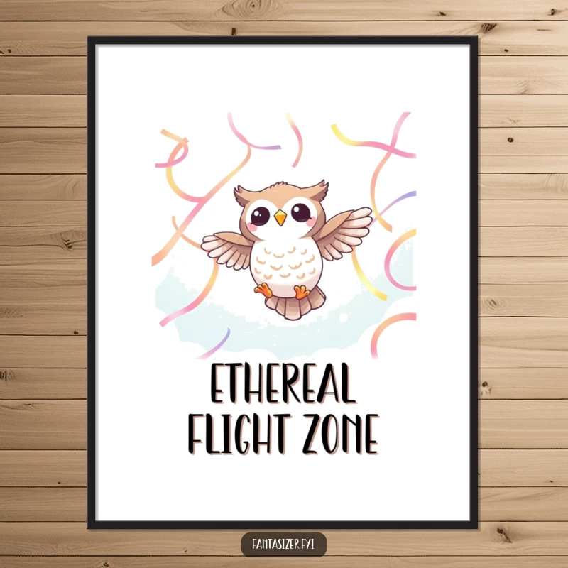 Funny Owl Ribbon Poster: A cheerful owl soars through a sky filled with vibrant, ethereal ribbons, a funny gift.