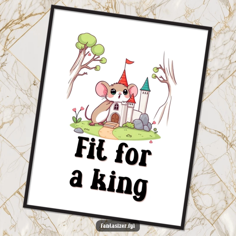 Funny poster of a surprised mouse discovering a miniature castle, whimsical and heartwarming wall art.