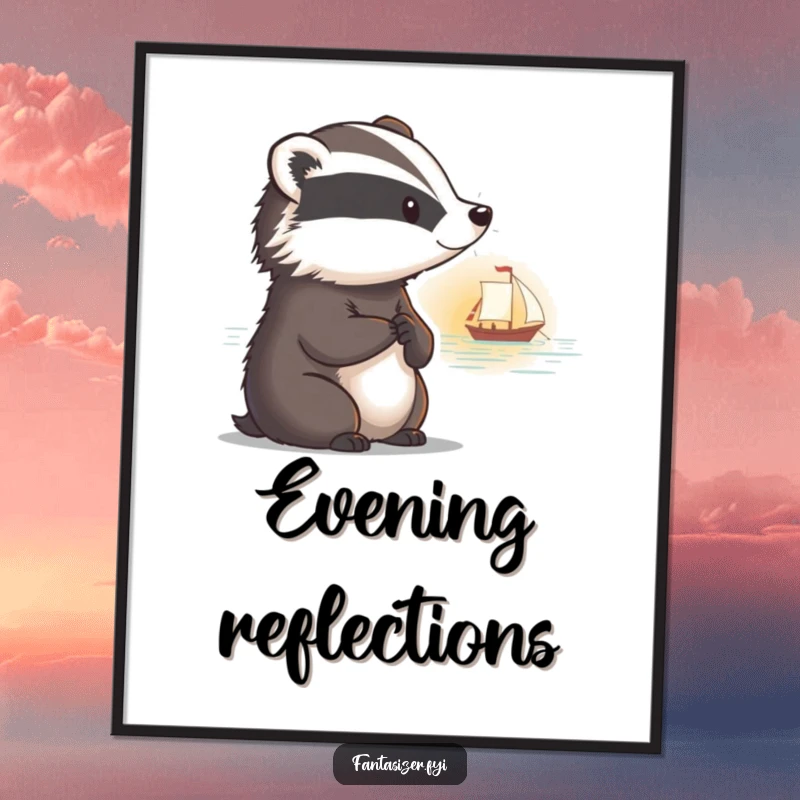 Funny poster showing a thoughtful badger with a faraway look, observing a boat sail into a stunning sunset.